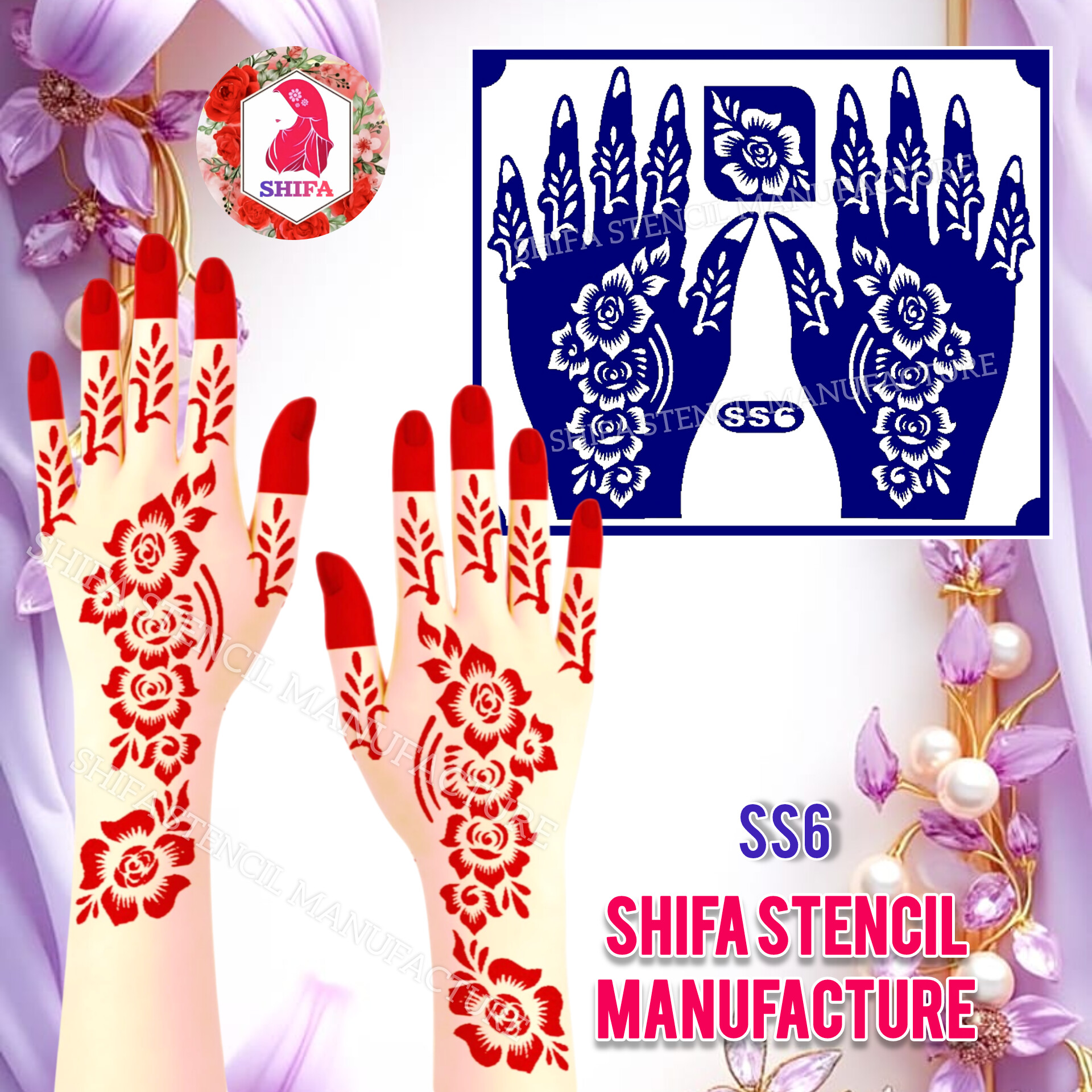 SS6 Blooming Rose Patterned Arabic Design  - Sticker Overview  - Shifa Stencil Manufacturer